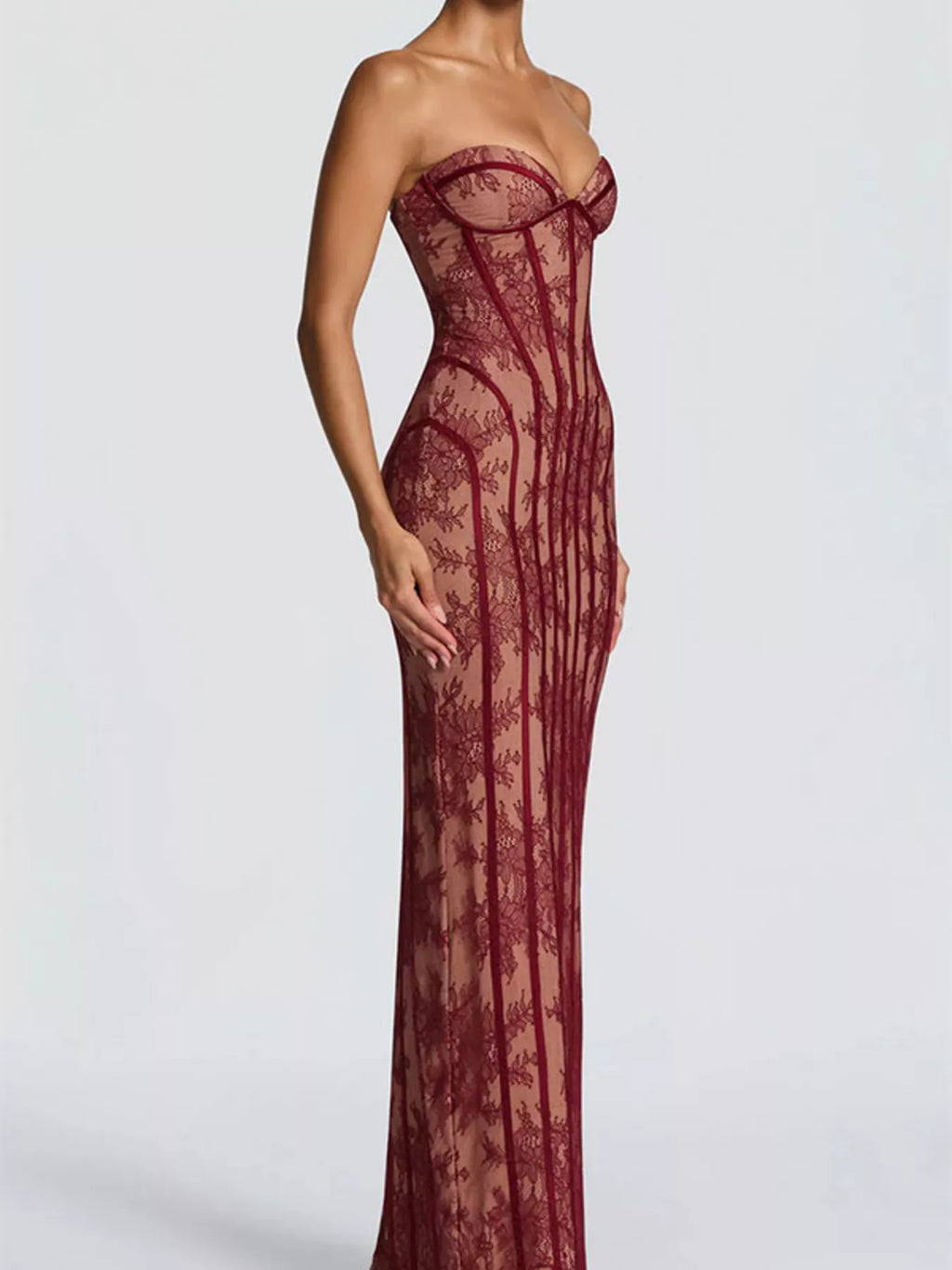 Burgundy strapless lace-up back maxi dress with sweetheart neckline and textured lace panels