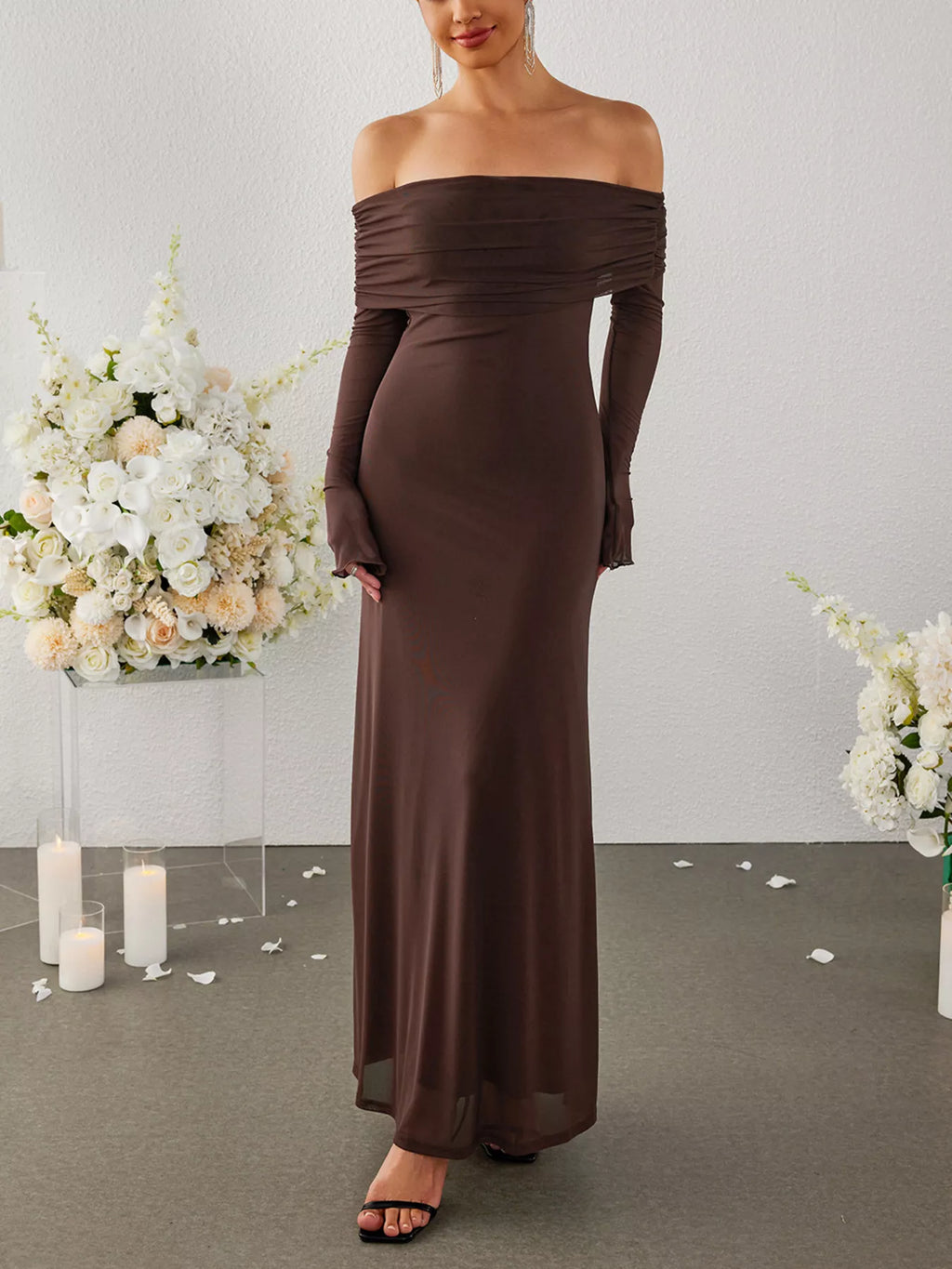 Brown off-shoulder ruched long sleeve maxi dress with gathered bodice