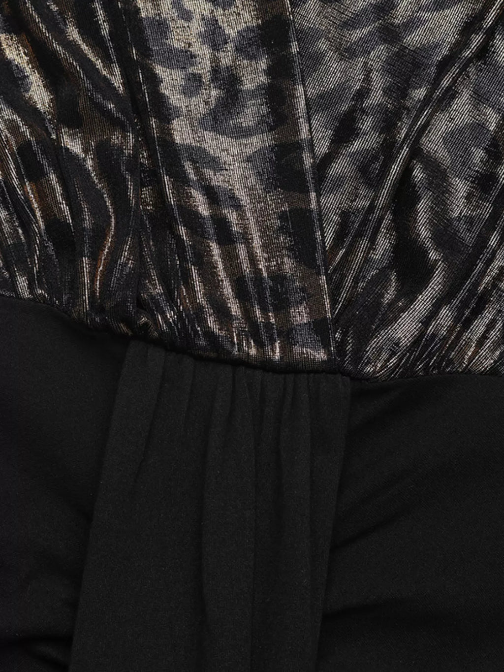 Ruched surplice neckline with metallic leopard-print top and black skirt