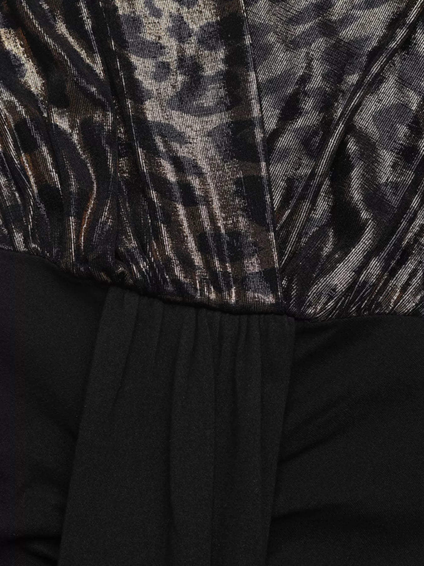 Ruched surplice neckline with metallic leopard-print top and black skirt