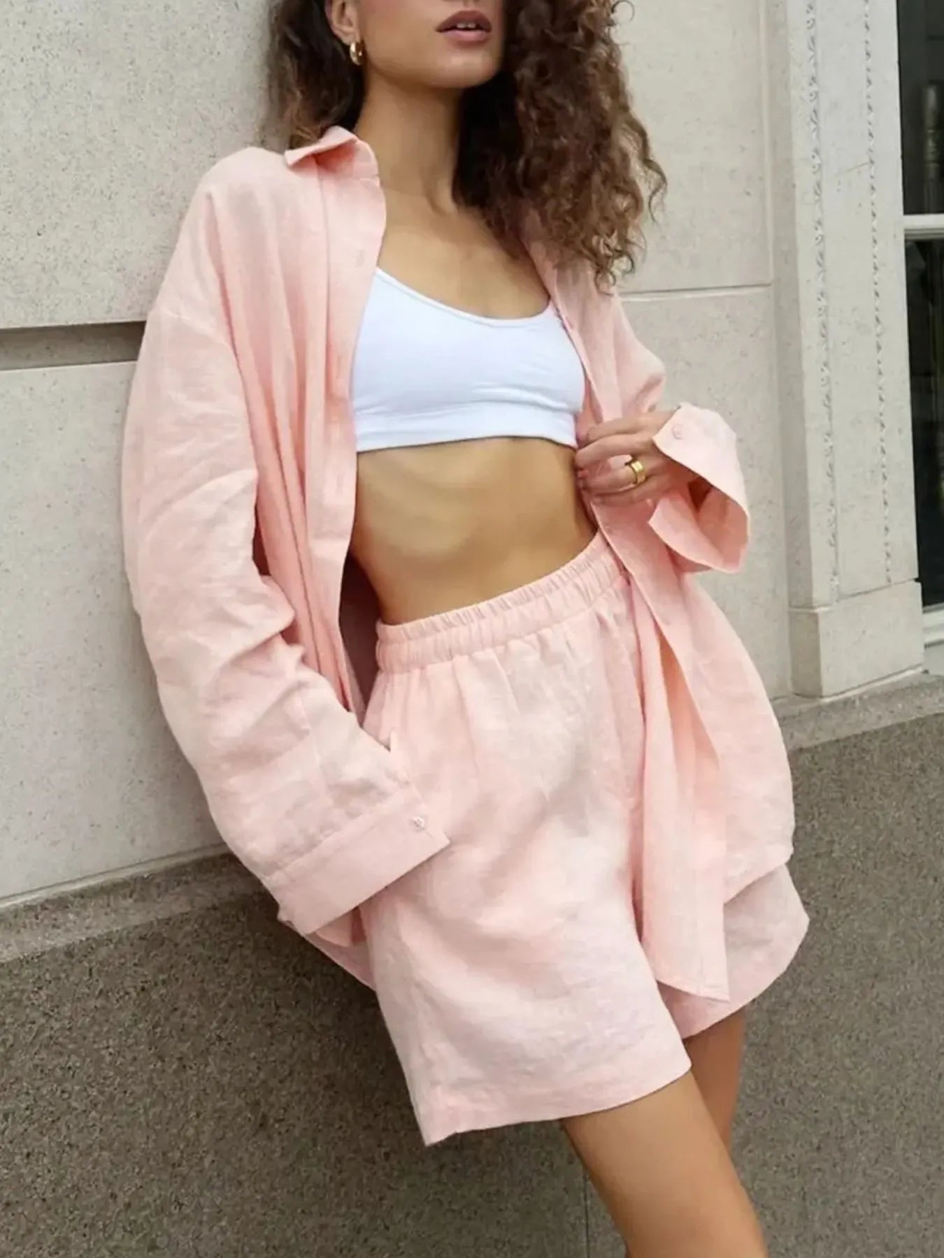 Light pink button-up long-sleeve shirt and matching elastic-waist shorts set