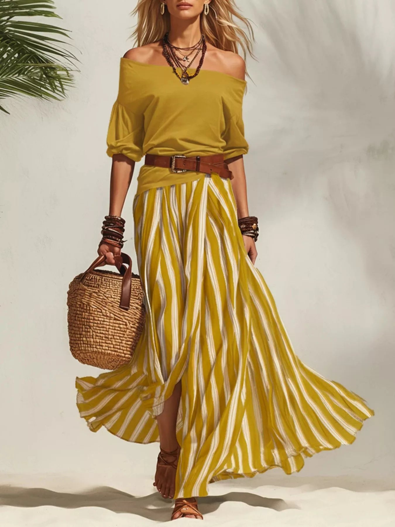 Off-shoulder top and striped maxi skirt set, mustard yellow with white stripes