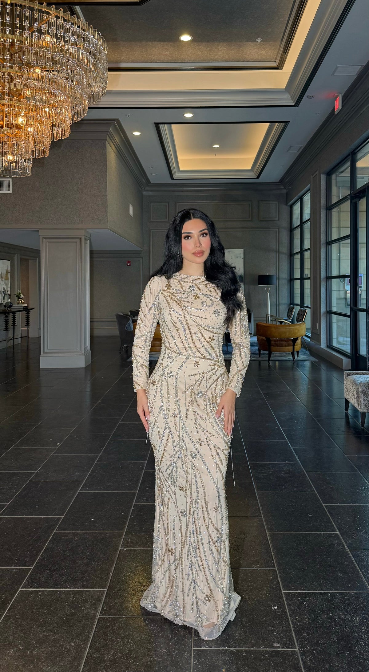Mona Long Sleeve Sequin Beaded Dress