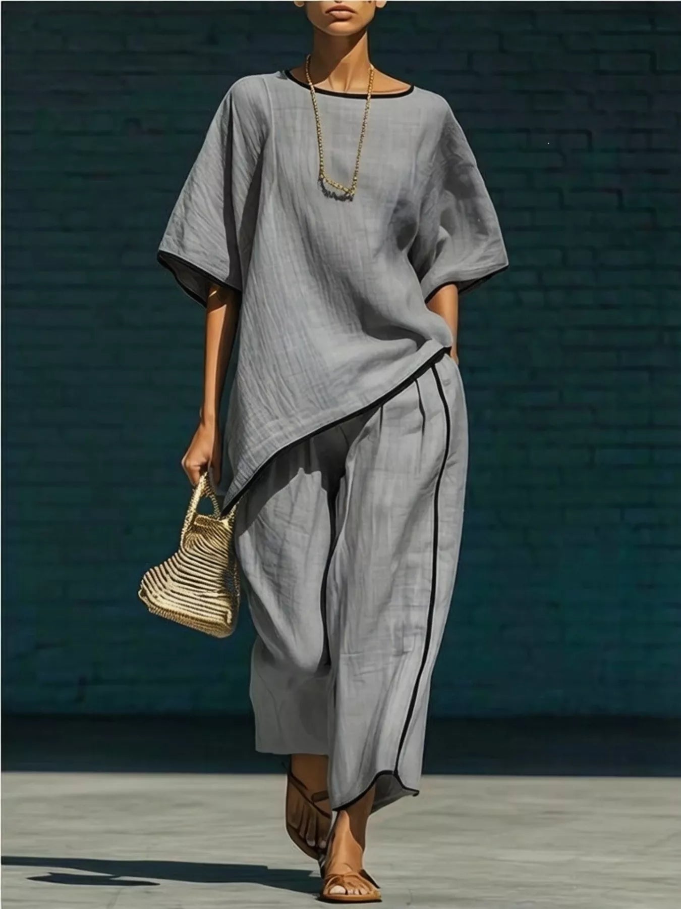 Gray round-neck top and matching pants set with black contrast piping