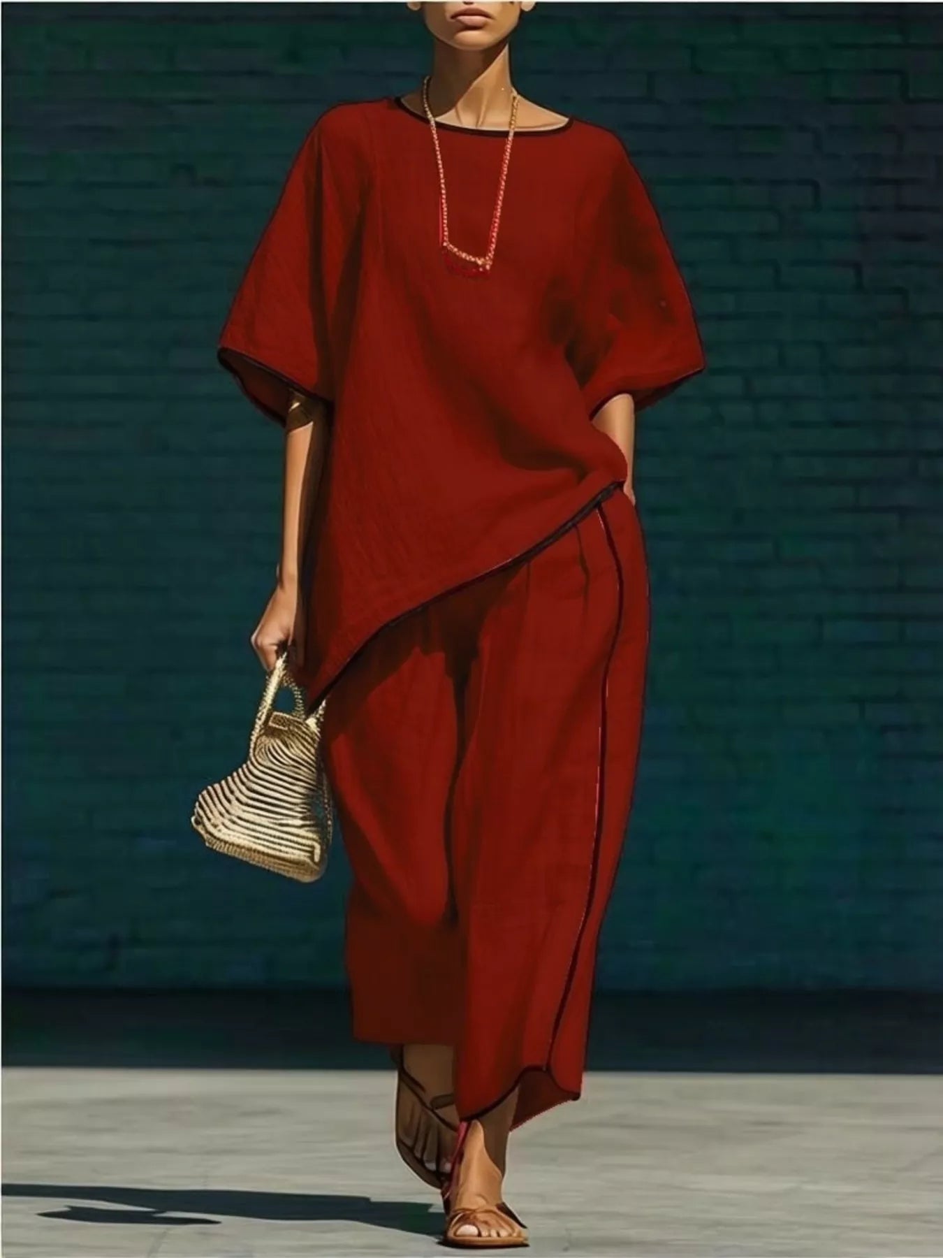 Red round-neck top and pants set with dark contrast trim, loose pullover and cropped pants