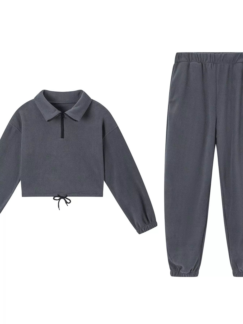Charcoal gray quarter-zip sweatshirt and matching jogger pants with drawstring hem