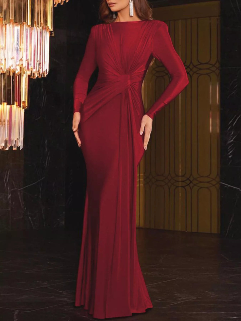 Red twisted long-sleeve maxi dress with ruched knot at the waist