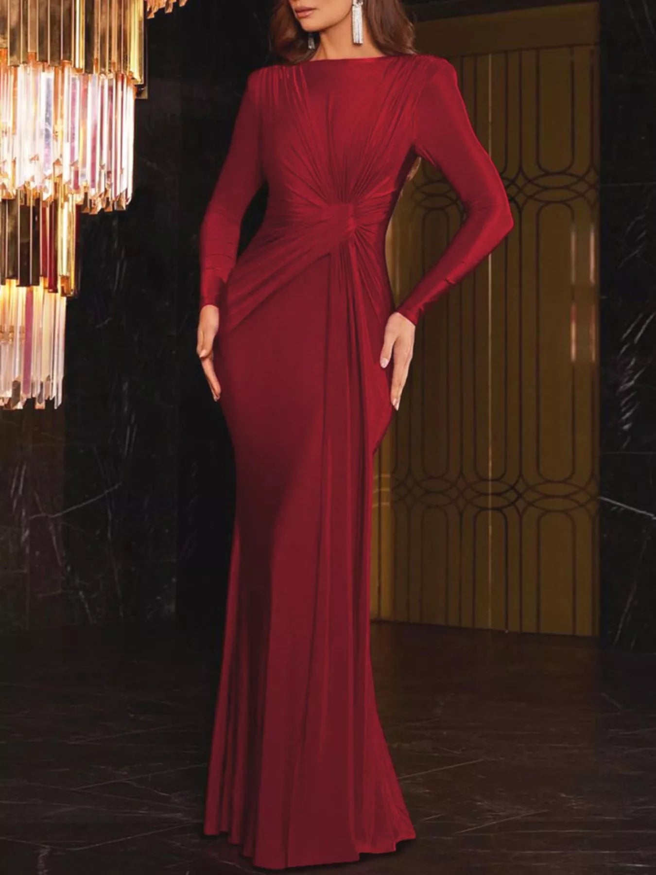 Red twisted long-sleeve maxi dress with ruched knot at the waist