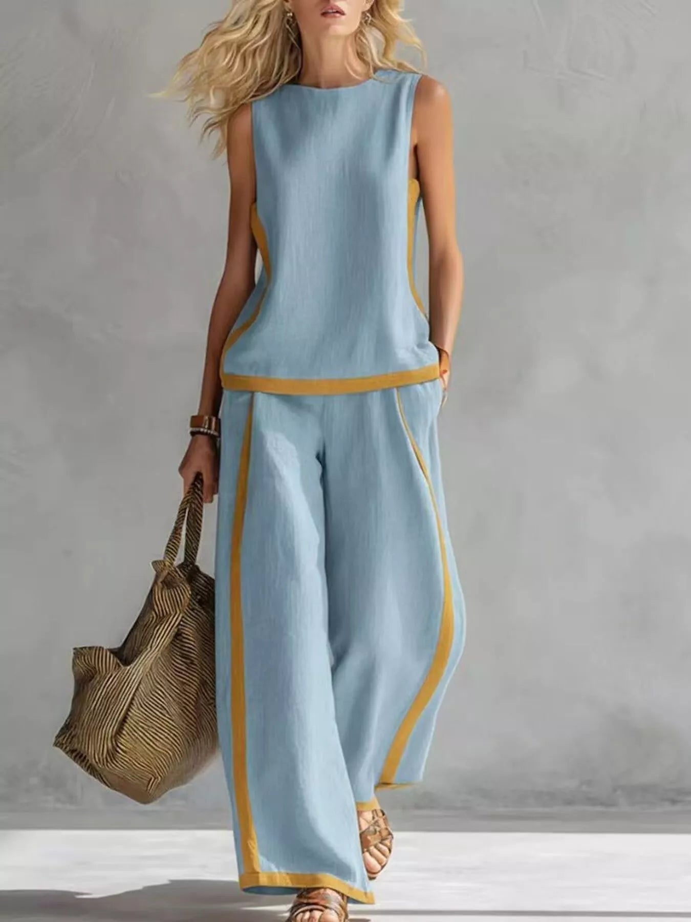 Plus size sleeveless top and wide-leg pants set, light blue with mustard contrast trim