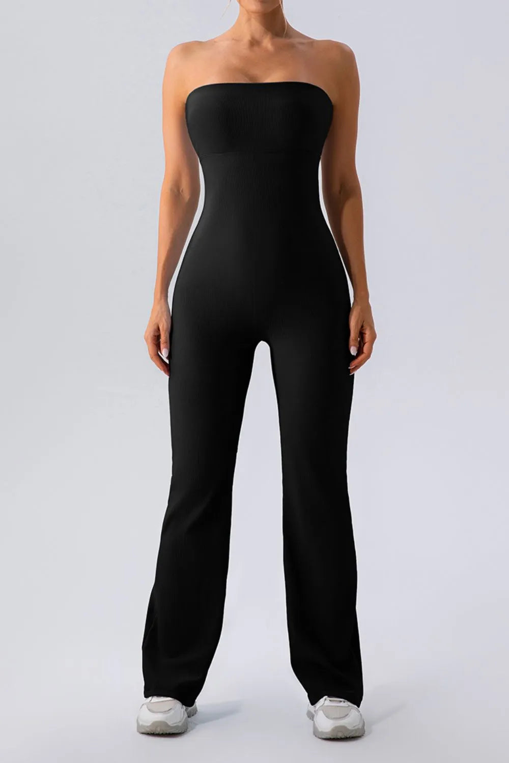 Black sleeveless straight active jumpsuit, strapless tube bodice, wide-leg straight fit