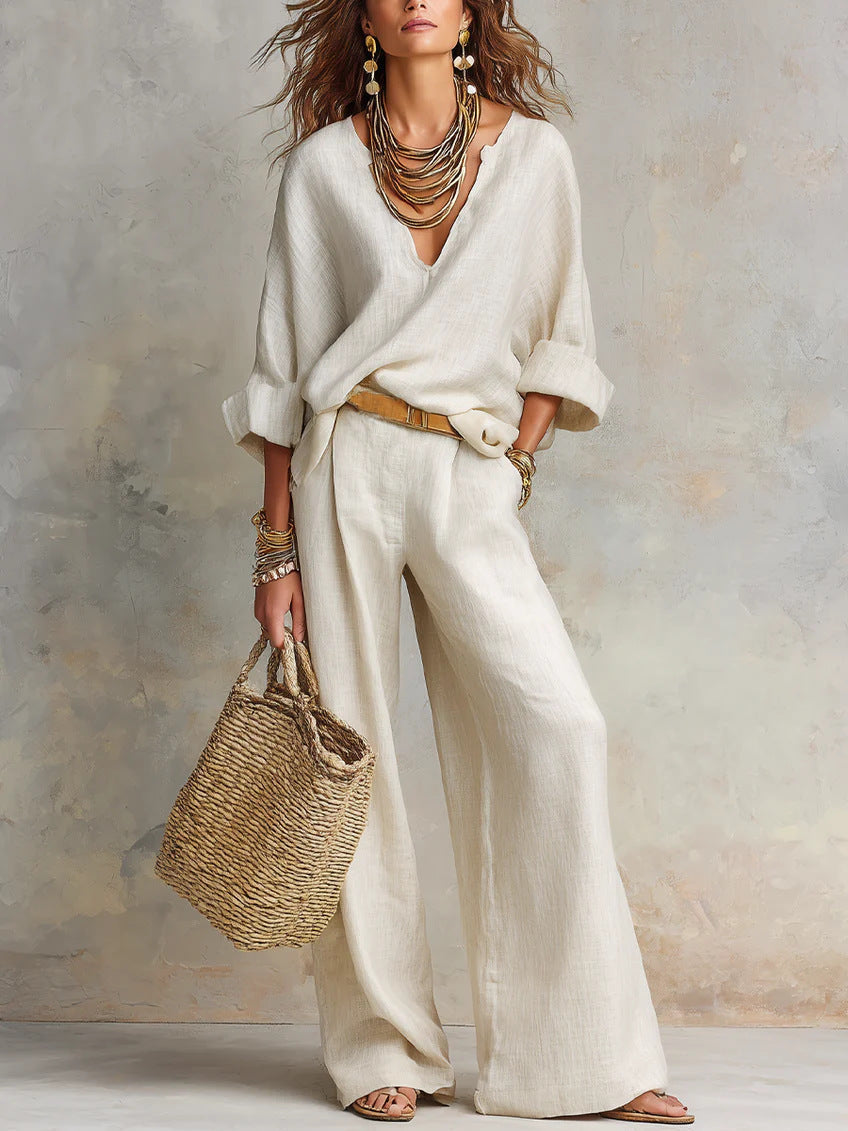 Casual Linen Vacation Set – Three-Quarter Sleeve Top & Full-Length Pants