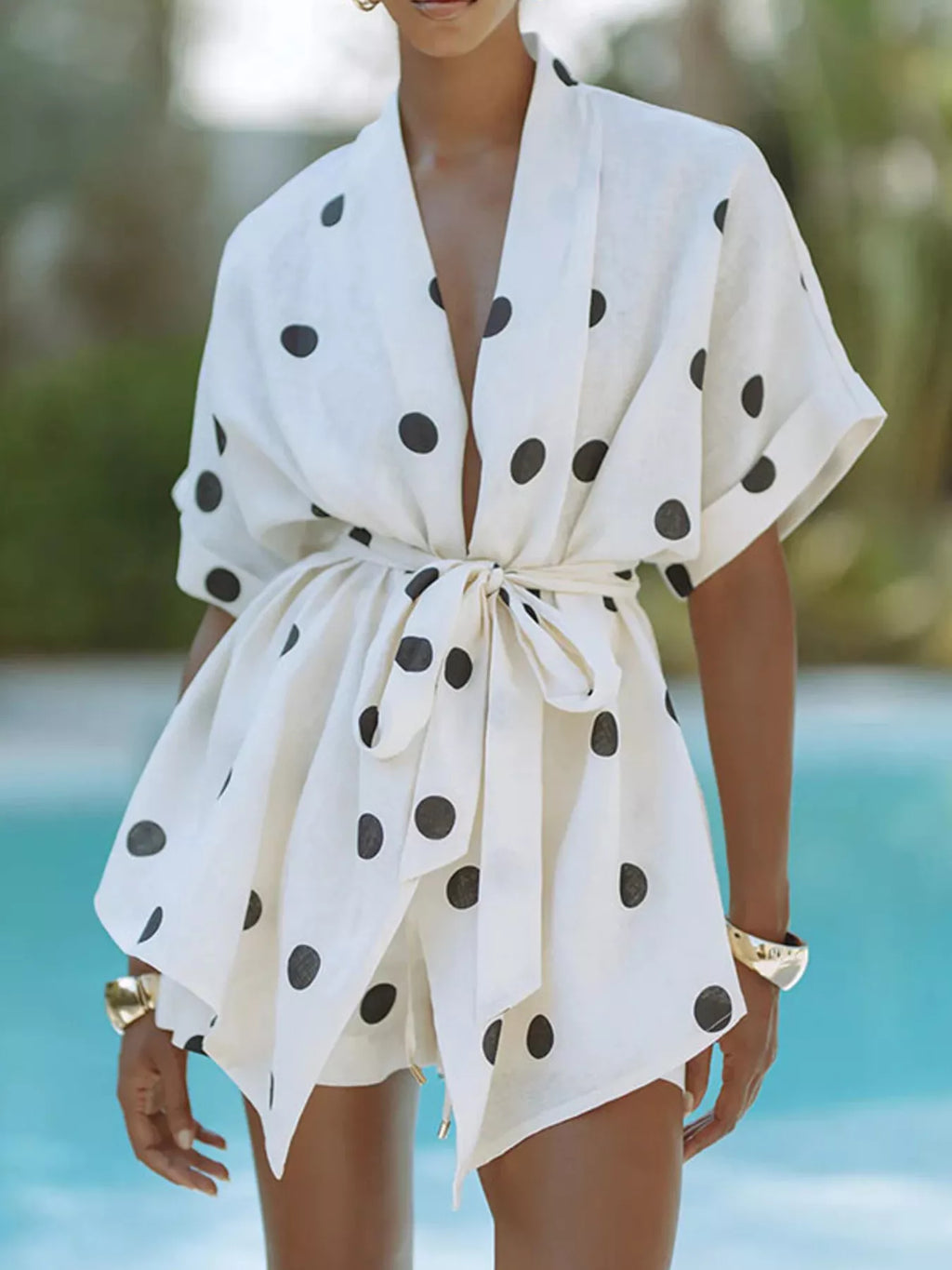 Polka-dot tie-waist top and shorts set, white with black dots, V-neck and bow belt