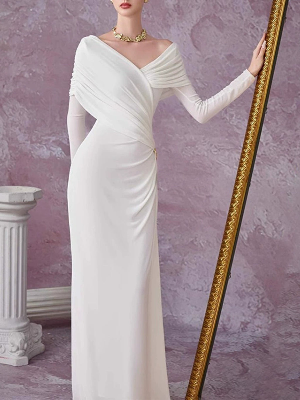 White draped ruched maxi dress with V-neck, long sleeves, and twisted shoulder neckline.