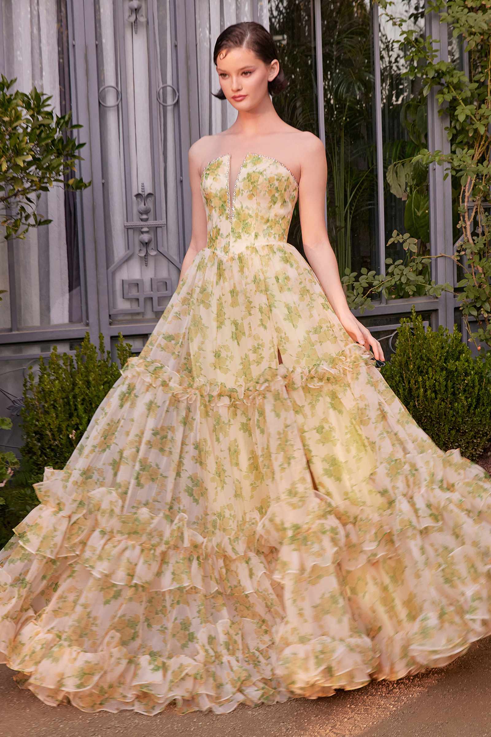 Yellow floral strapless ball gown with off-shoulder ruffles and layered skirt