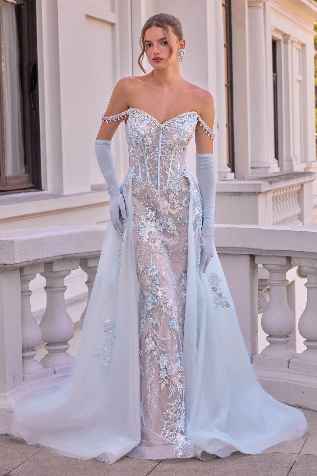 Andrea & Leo A1518 Fitted Lace Off The Shoulder Gown With Overskirt