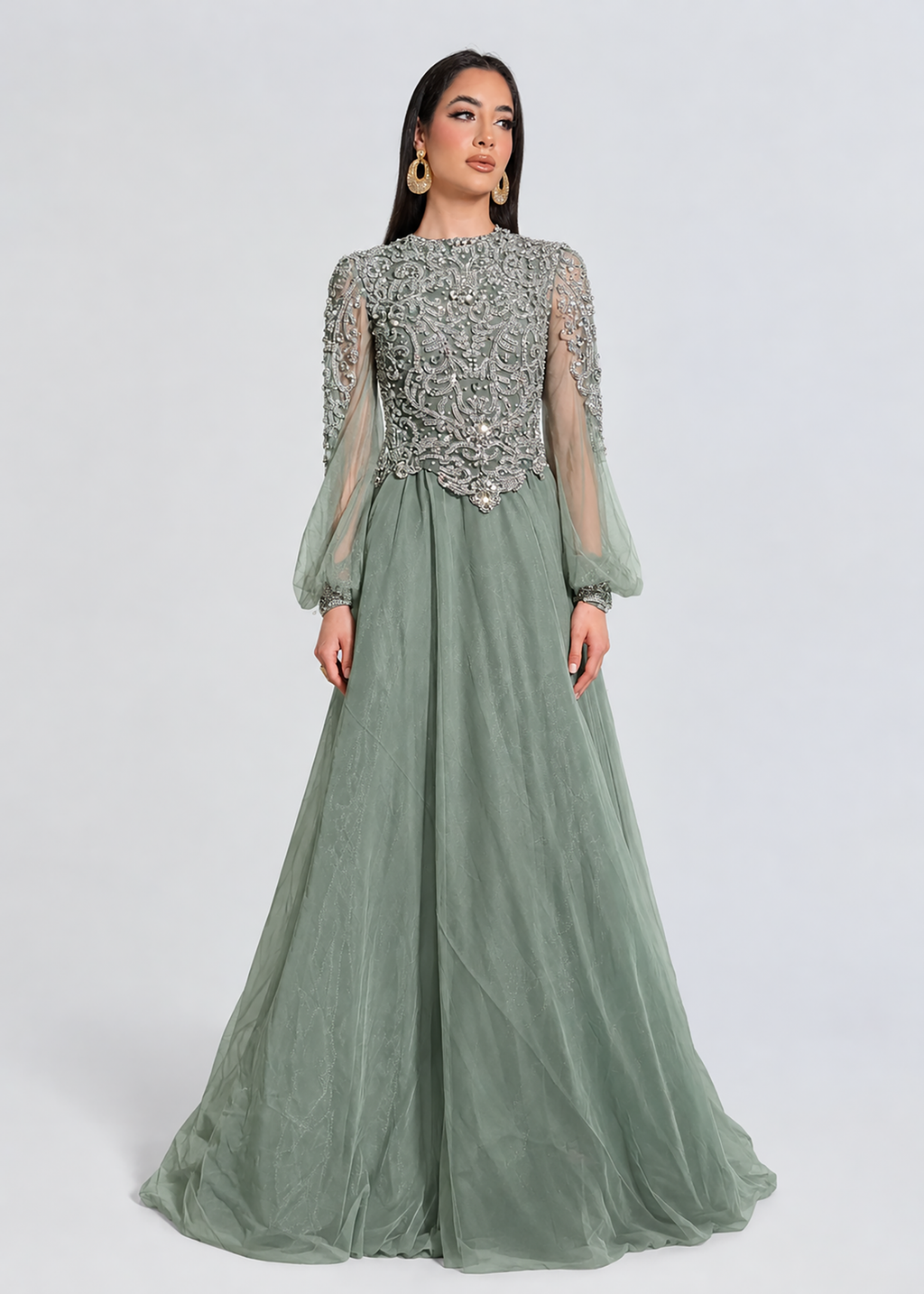 Ashira Long Sleeve Ball Gown Sage