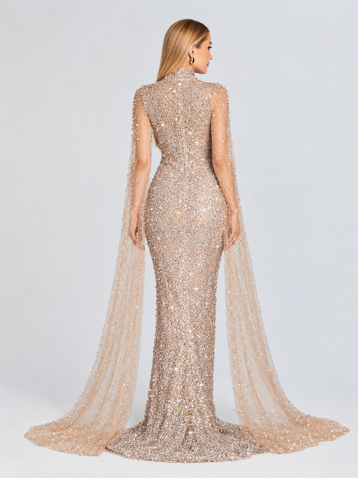 Ava Long Cape Sleeve Beaded Dress