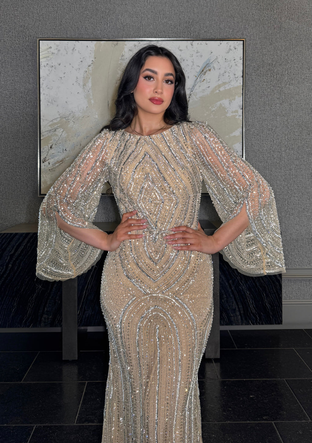 Anisa Modest Long Flare Wrist Sleeve Beaded Mermaid Gown