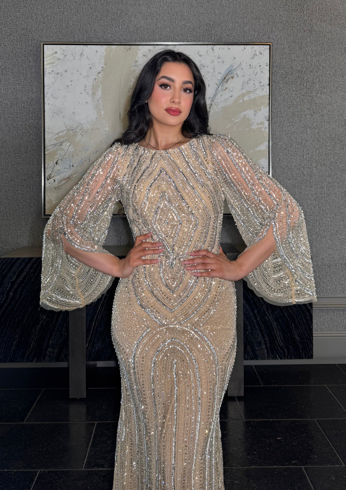 Anisa Modest Long Flare Wrist Sleeve Beaded Mermaid Gown