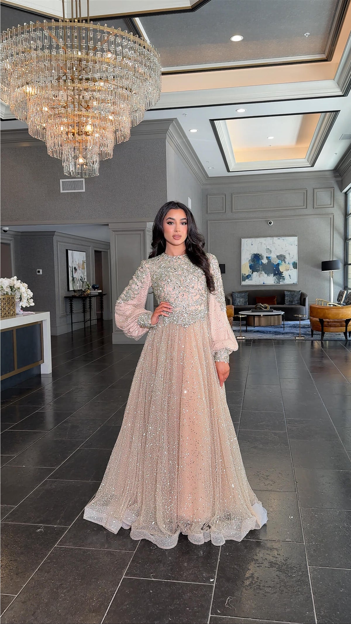 Bashira Long Sleeve Embellished Sequin Modest Ball Gown