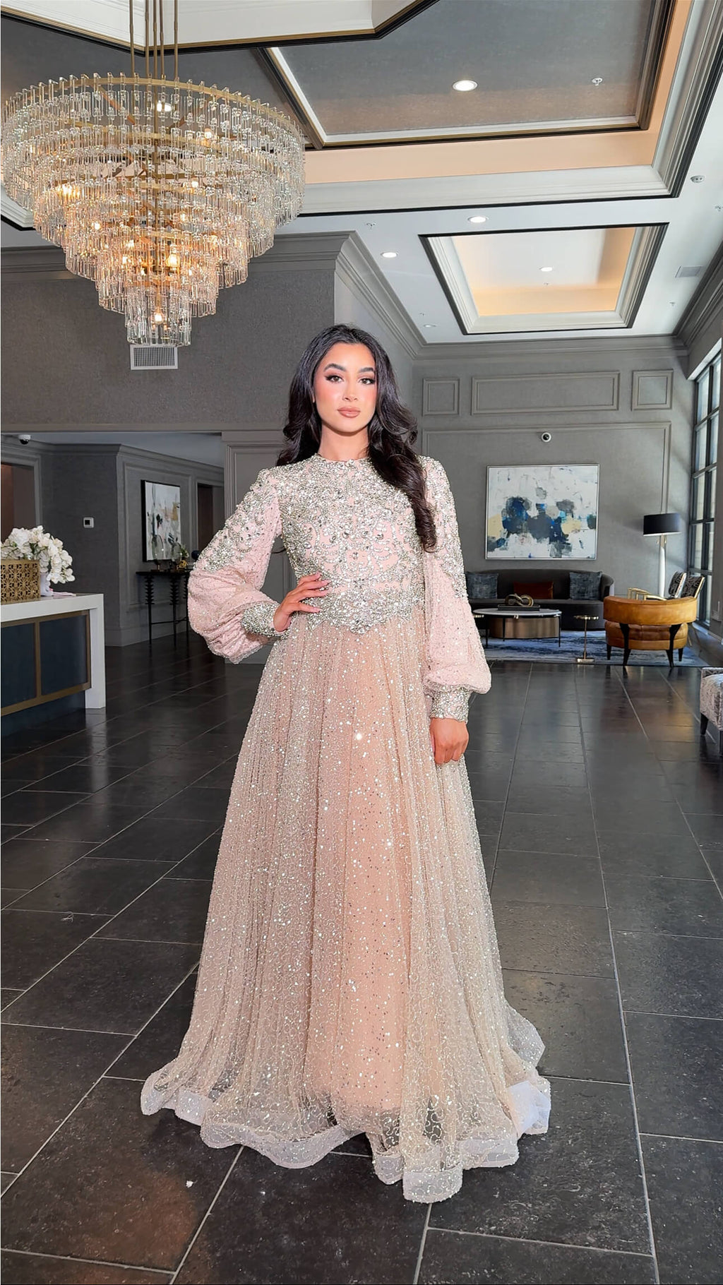 Bashira Long Sleeve Embellished Sequin Modest Ball Gown