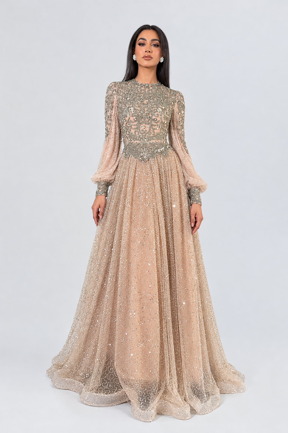 Bashira Long Sleeve Embellished Sequin Modest Ball Gown