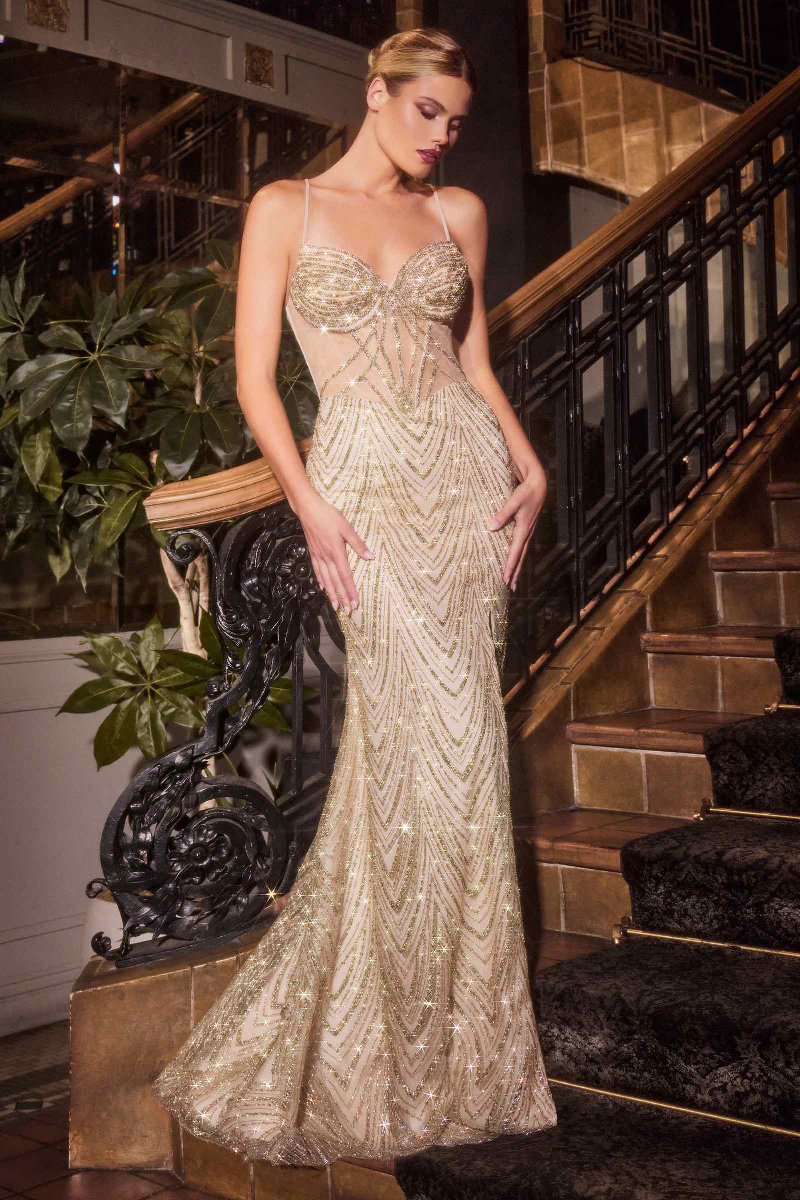 Ladivine C163 Dress Fitted Glitter Printed Gown