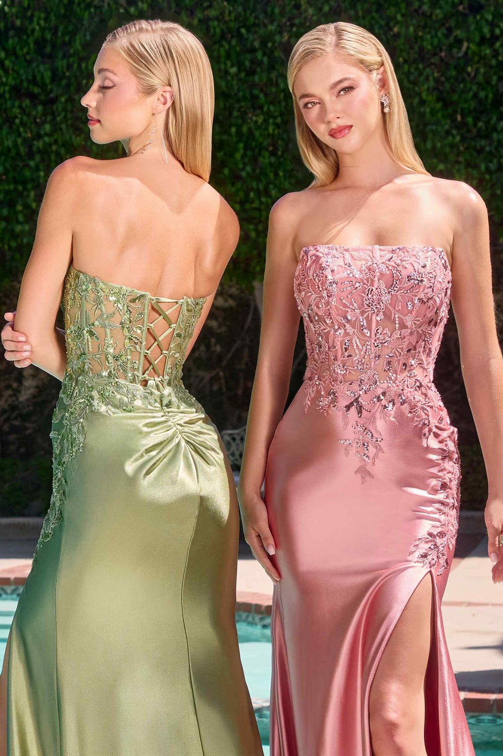 Strapless Floral-Beaded Satin Gown