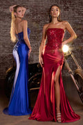Strapless Floral-Beaded Satin Gown