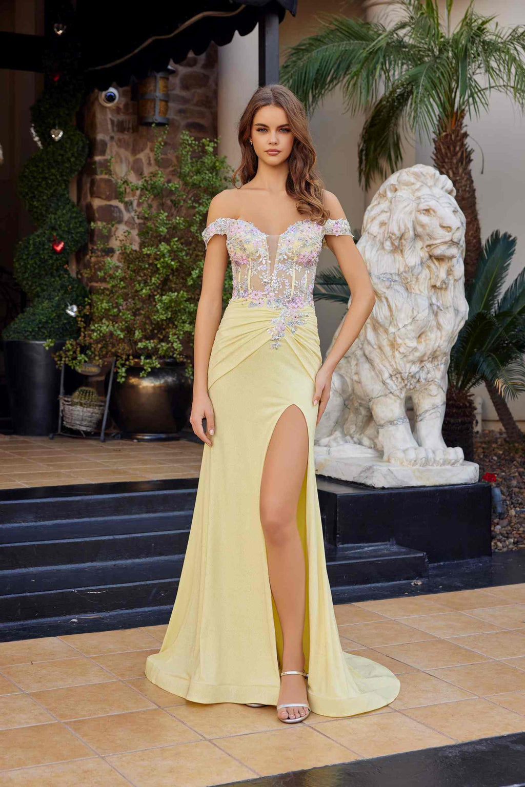 Lemon fitted off-shoulder shimmer prom gown with sweetheart neckline and side slit