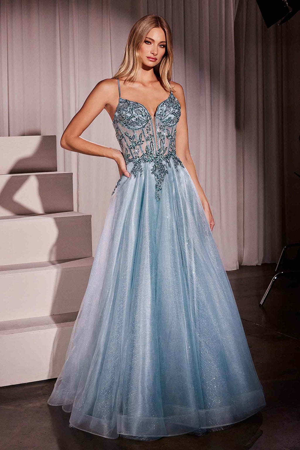 Light-blue A-line tulle gown with lace corset bodice and glittery tulle skirt