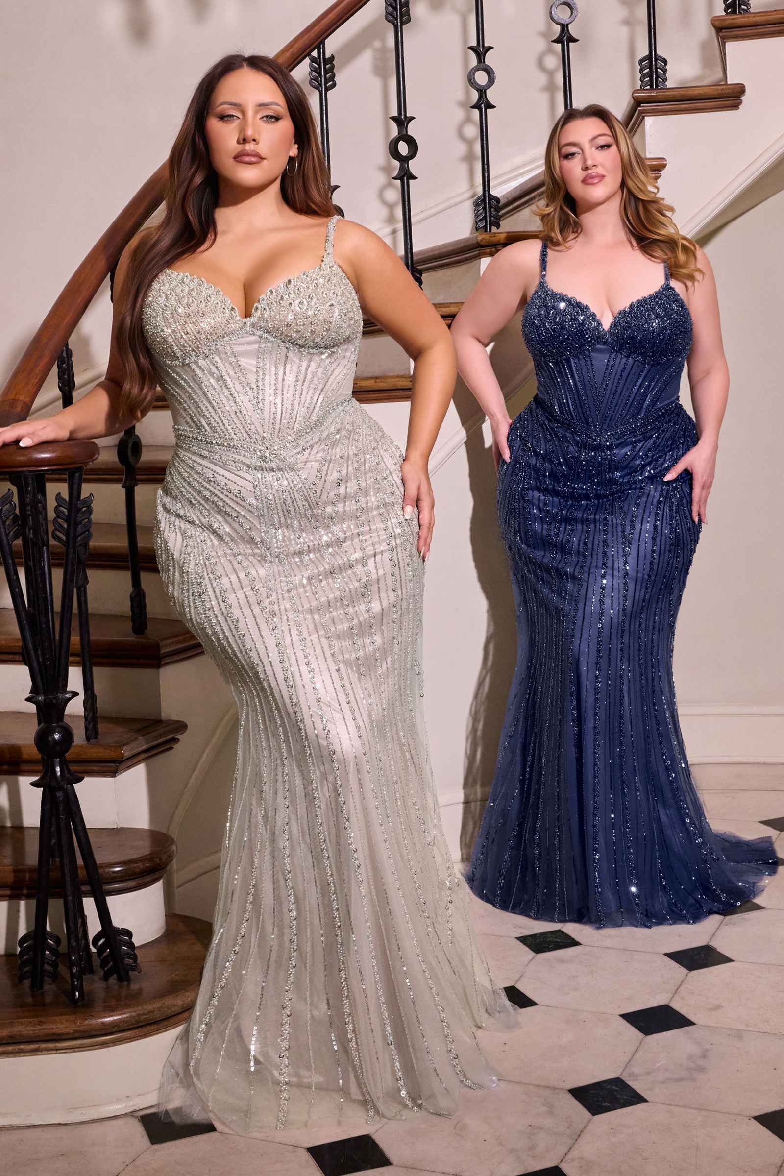 Beaded strapless fitted prom dress, silver sheer with fitted mermaid silhouette