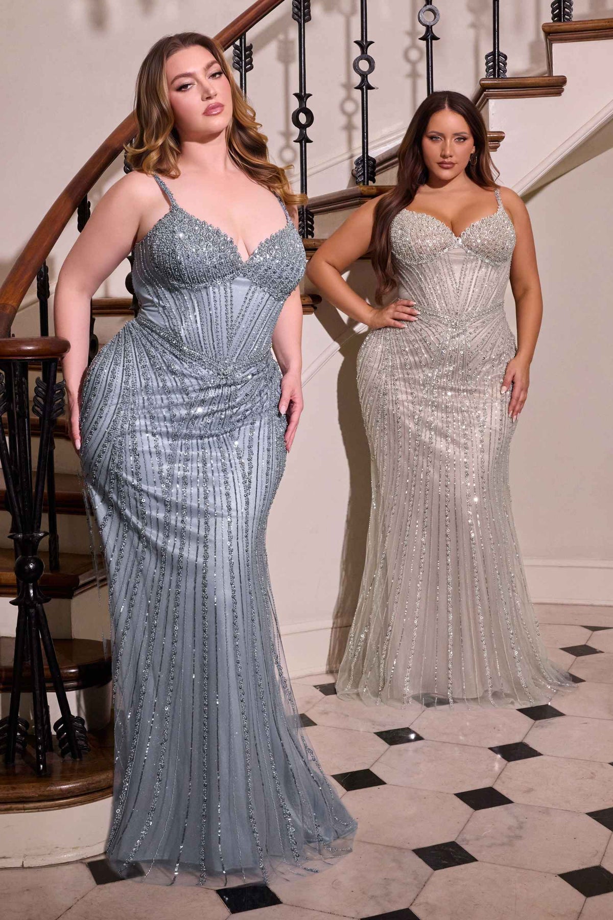 Beaded strapless fitted prom dress, smoky blue textured fabric and mermaid shape