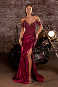 Wine red glitter satin fitted evening gown, off-shoulder, thigh slit