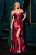 Ladivine CC489 Off Shoulder Sweetheart Neckline Ruched Satin Bodice Fitted Gown