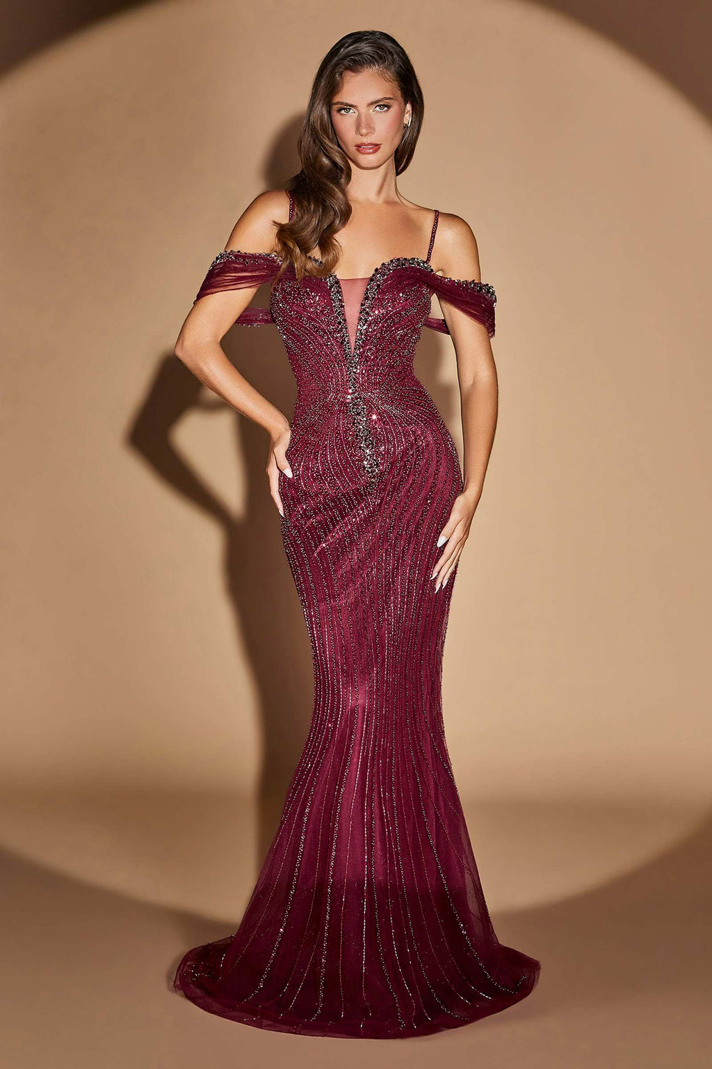 Burgundy sequin off-shoulder mermaid gown with long fitted silhouette and trumpet hem