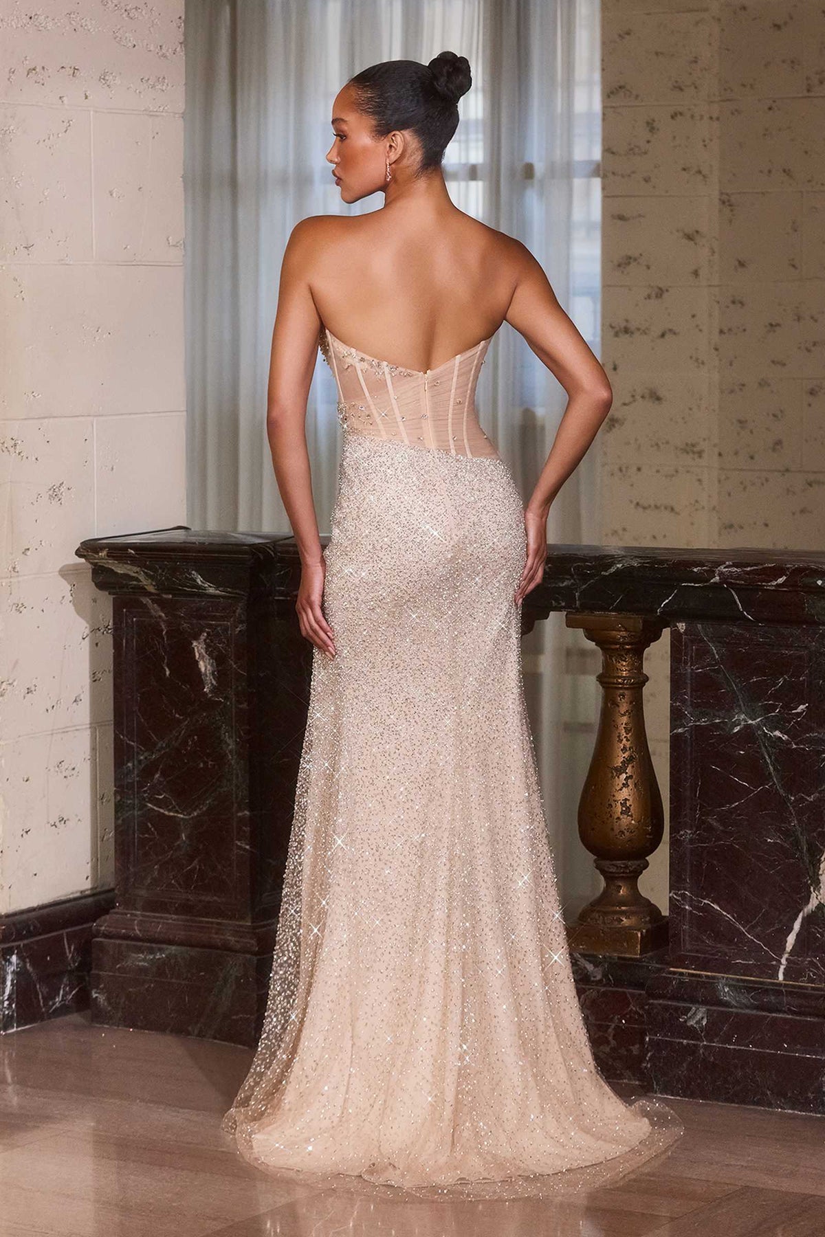 Champagne Crystal-Beaded Corset Gown