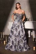 Navy off-shoulder beaded bodice ball gown with full skirt and floral pattern