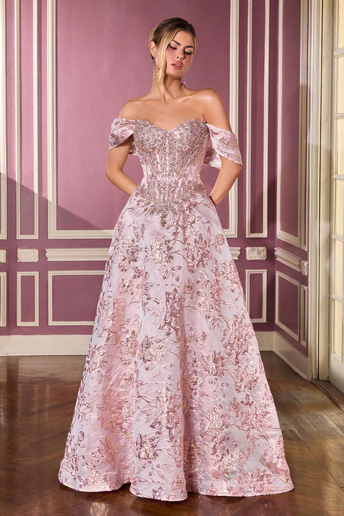 Pink off-shoulder beaded ball gown with full skirt and floral sparkle pattern