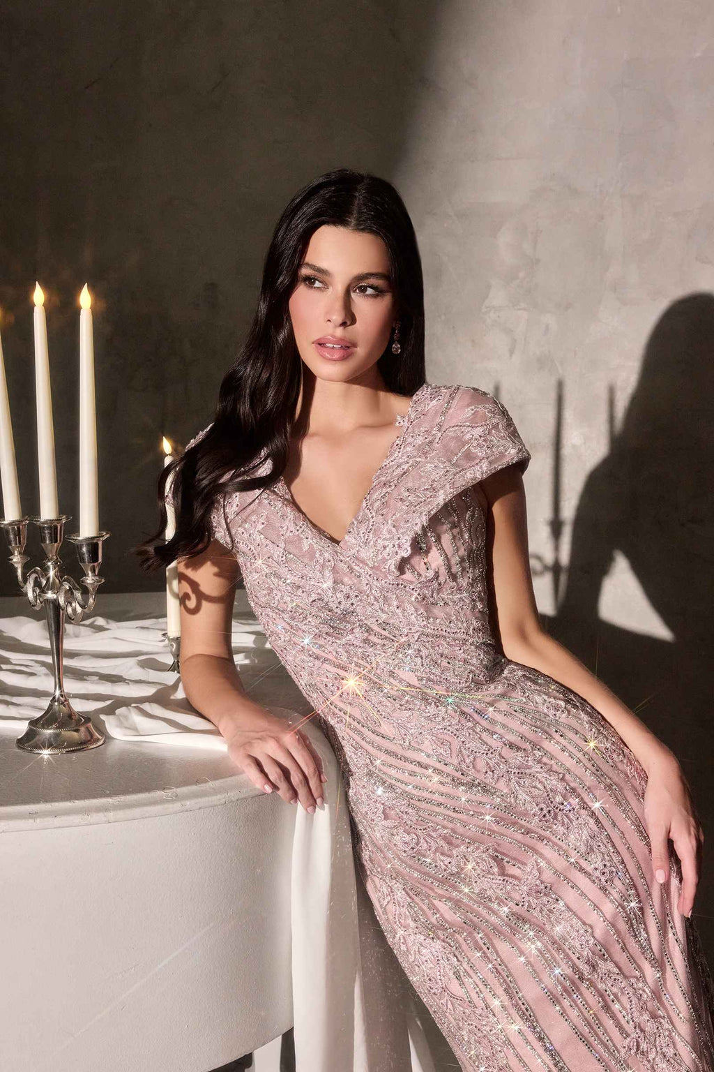 Cap-Sleeve Beaded Tulle Evening Gown