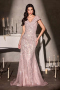Cap-Sleeve Beaded Tulle Evening Gown
