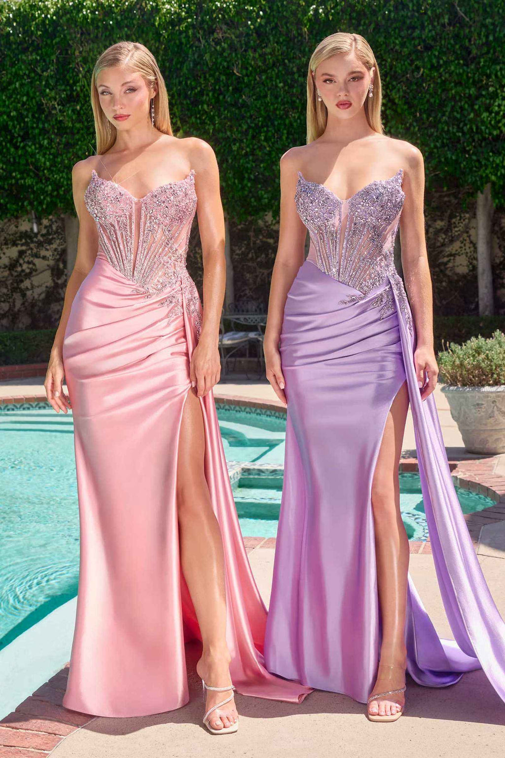 Pink and lavender strapless satin fitted evening gowns with beaded corset and side slits