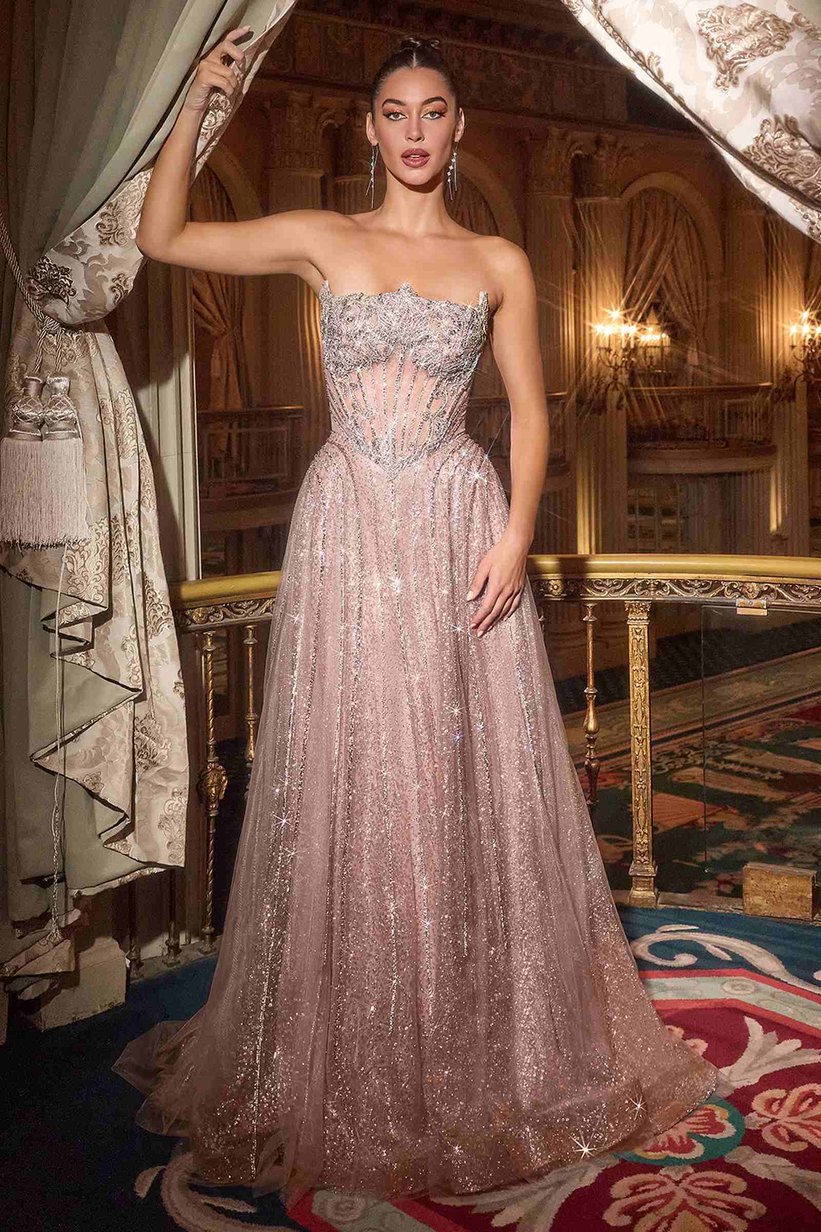 Ladivine CD724 Glitter A-Line Gown Strapless Sweetheart Crystal Beaded