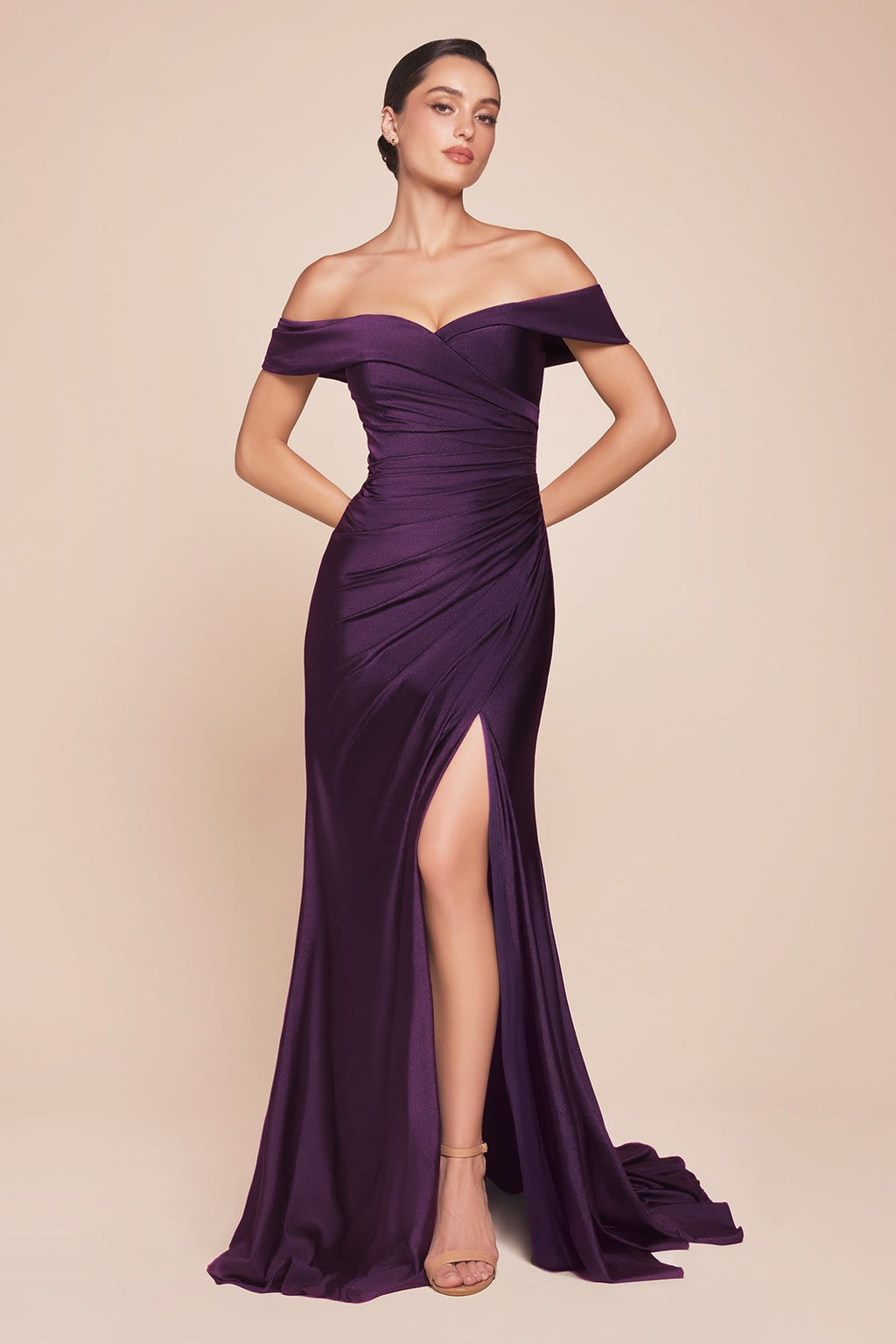 Off-the-shoulder stretch spandex gown in deep purple with ruched bodice and side slit