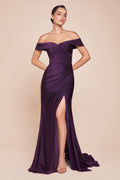 Off-the-shoulder stretch spandex gown in deep purple with ruched bodice and side slit