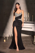 Crystal-Beaded Stretch Satin Gown with Slit