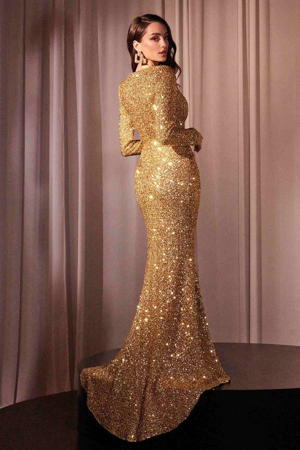 Long-Sleeve Sequin Gown with Draped Waist