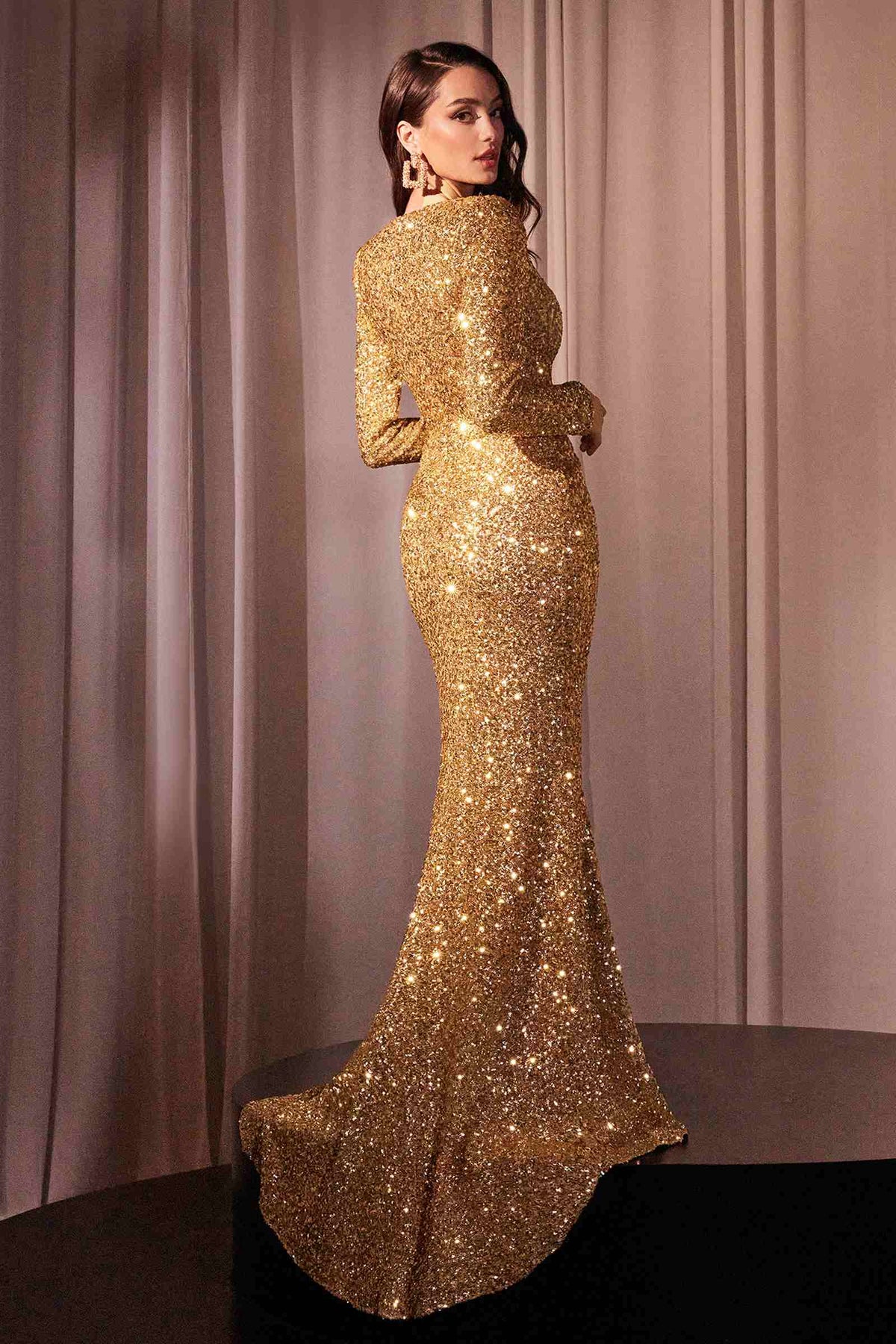 Long-Sleeve Sequin Gown with Draped Waist