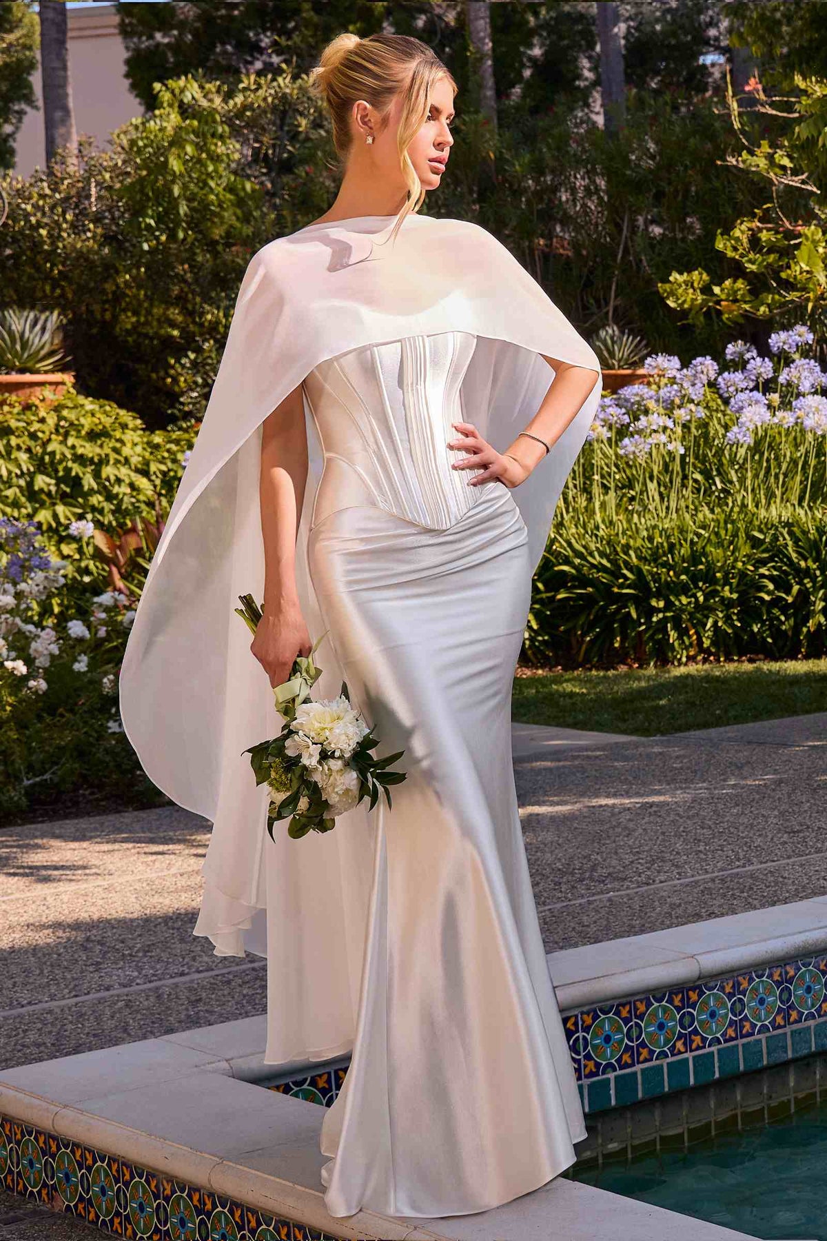 Ladivine CH2602W Strapless Satin Fitted Corset Off White Dress