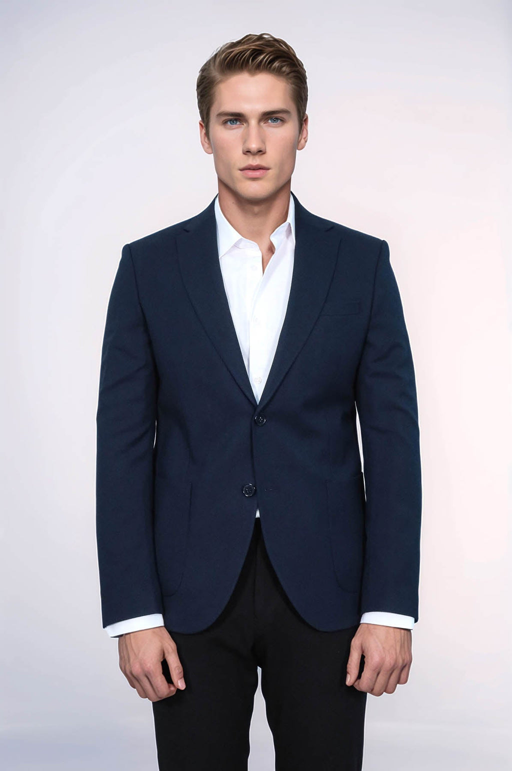 Textured Slim Fit Notch Lapel Navy Blue Men Blazer